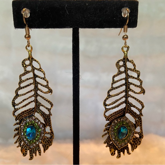 Jewelry - Elegant Gold and Blue Peacock Feather Earrings